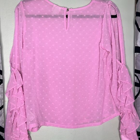 A New Day Pink Swiss Dot Blouse Cold Shoulder Ruffles Long Sleeve XS New - Picture 8 of 10